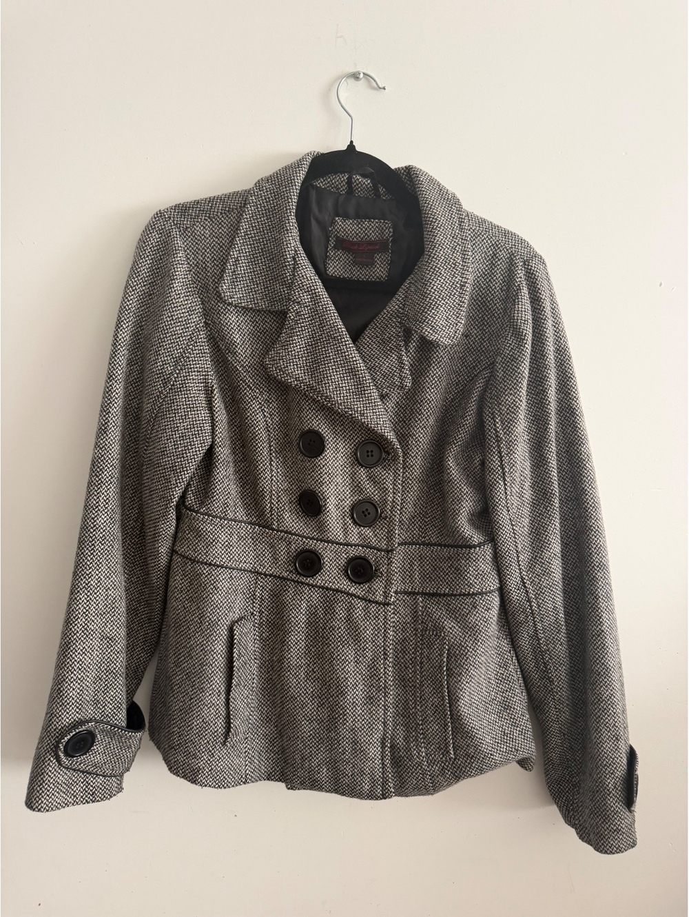 Black Lipstick Women's Herringbone Double-Breasted Peacoat Jacket Size L